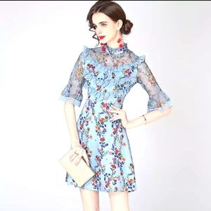 ZIMMERMAN INSPIRED COUETTE FIT & FLAIR BLUE FLORAL LACE RUFFLES MINI DRESS